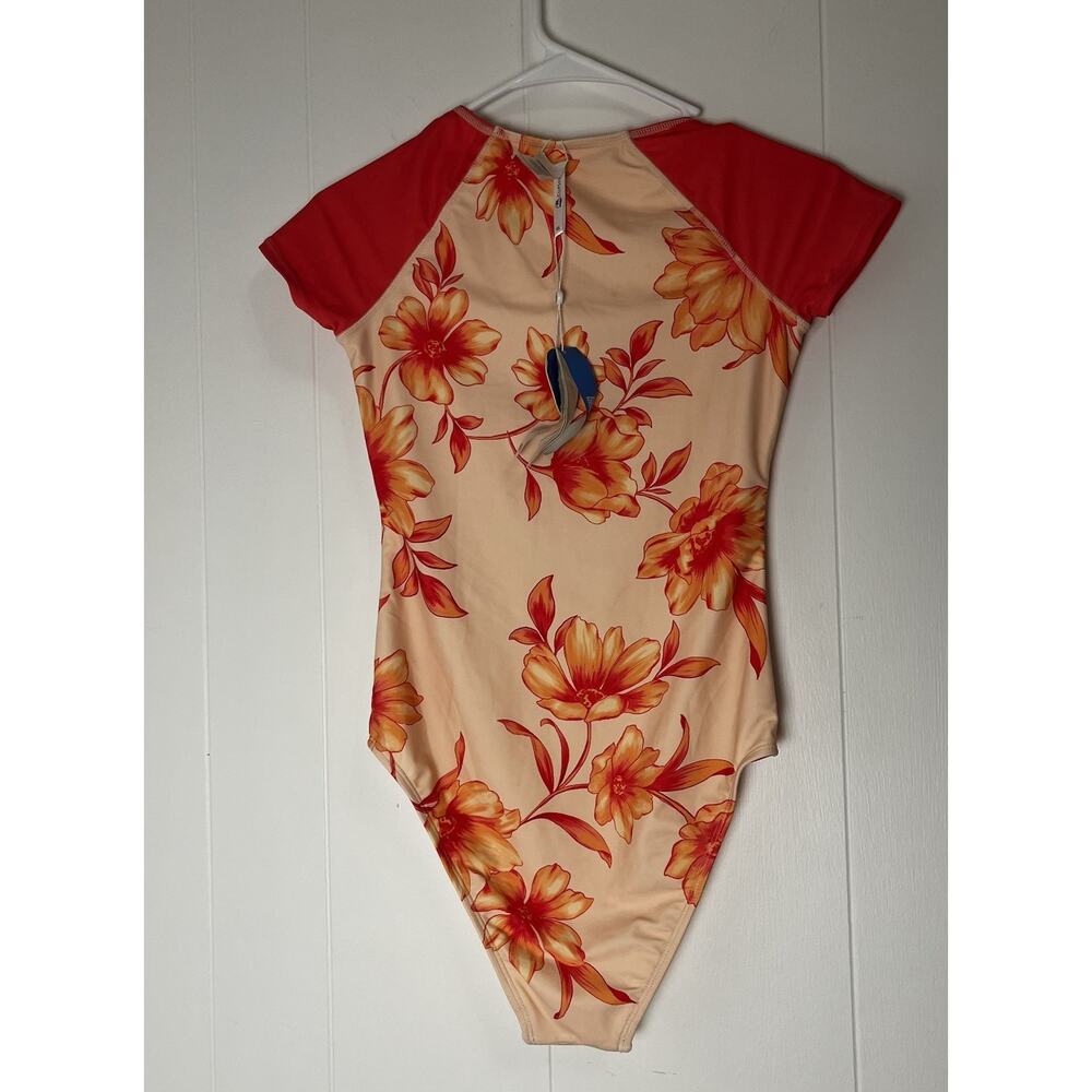 CUPSHE Floral Short Sleeve Rash guard One Piece Swimsuit Zip Front Size XS - Picture 2 of 4
